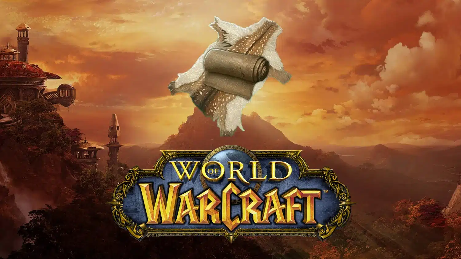 World of Warcraft logo overlaid on a landscape featuring Elven architecture, with a rolled-up spotted leather pelt