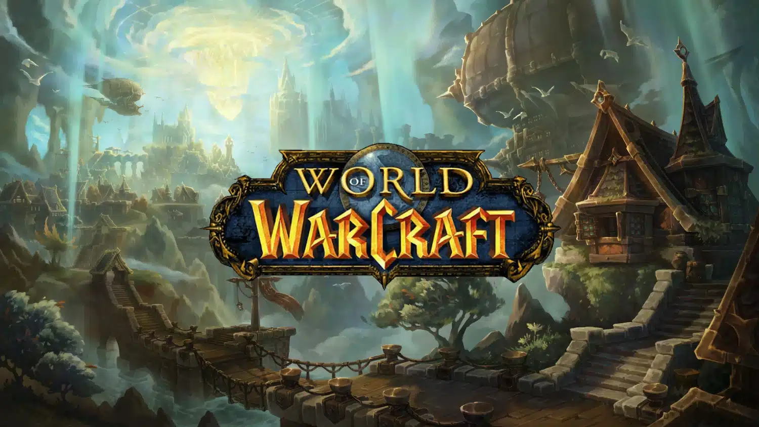 World of Warcraft logo overlaid on a sprawling, misty fantasy city built into cliffs with bridges and airships visible under a bright sky