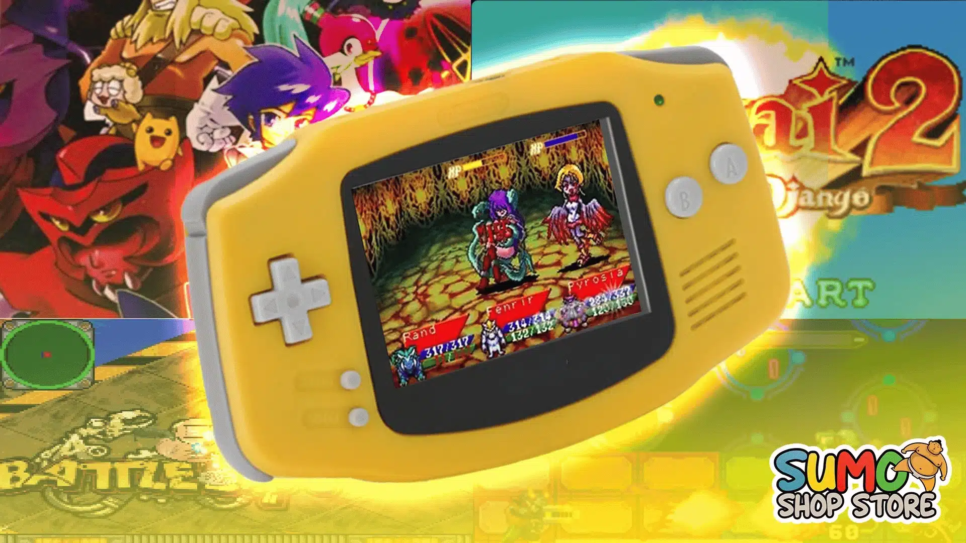 Yellow Game Boy Advance showing RPG battle screen surrounded by GBA game artwork