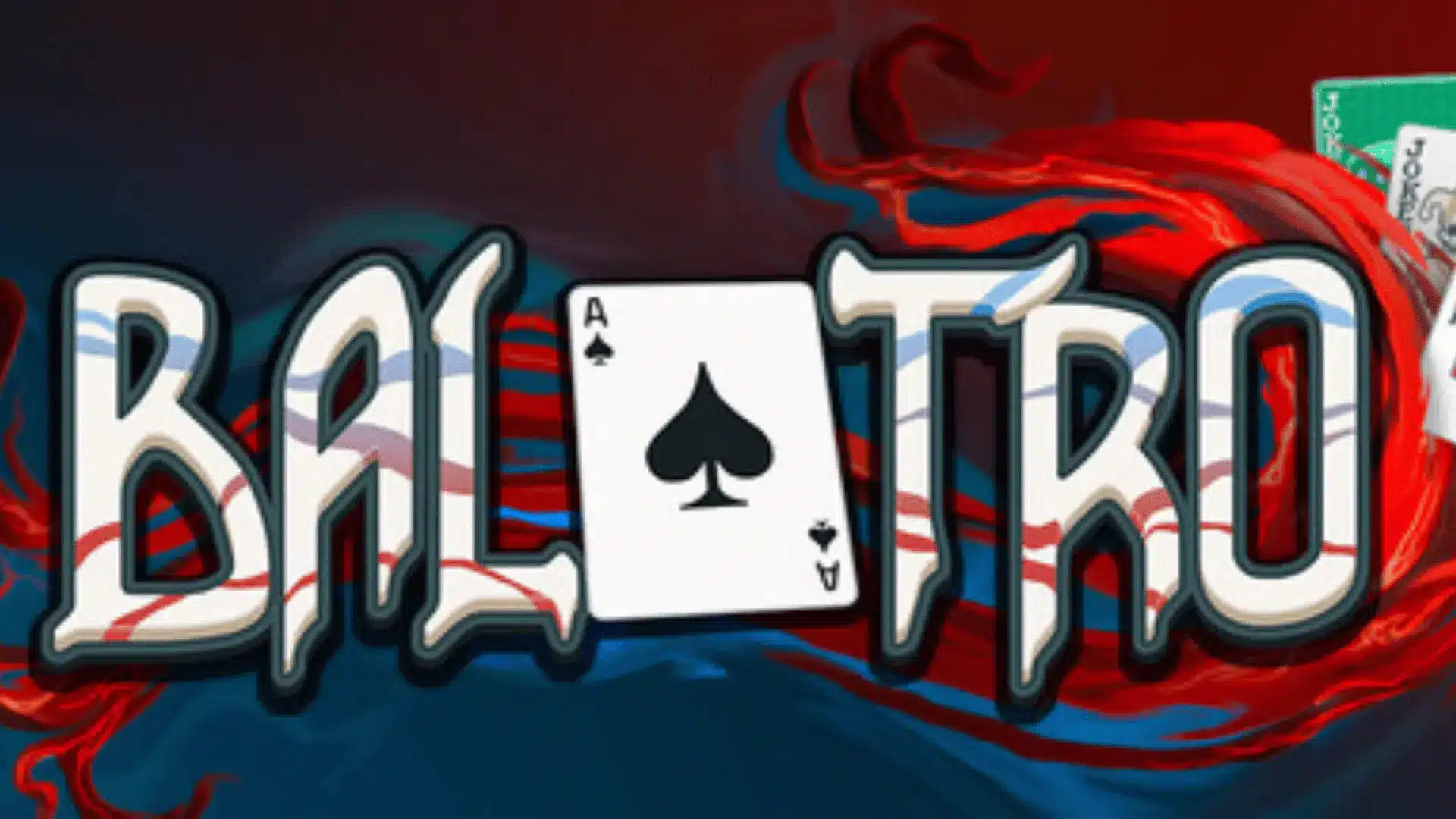 Balatro logo featuring an ace of spades card between stylized letters, set against a swirling red and blue casino-inspired background.