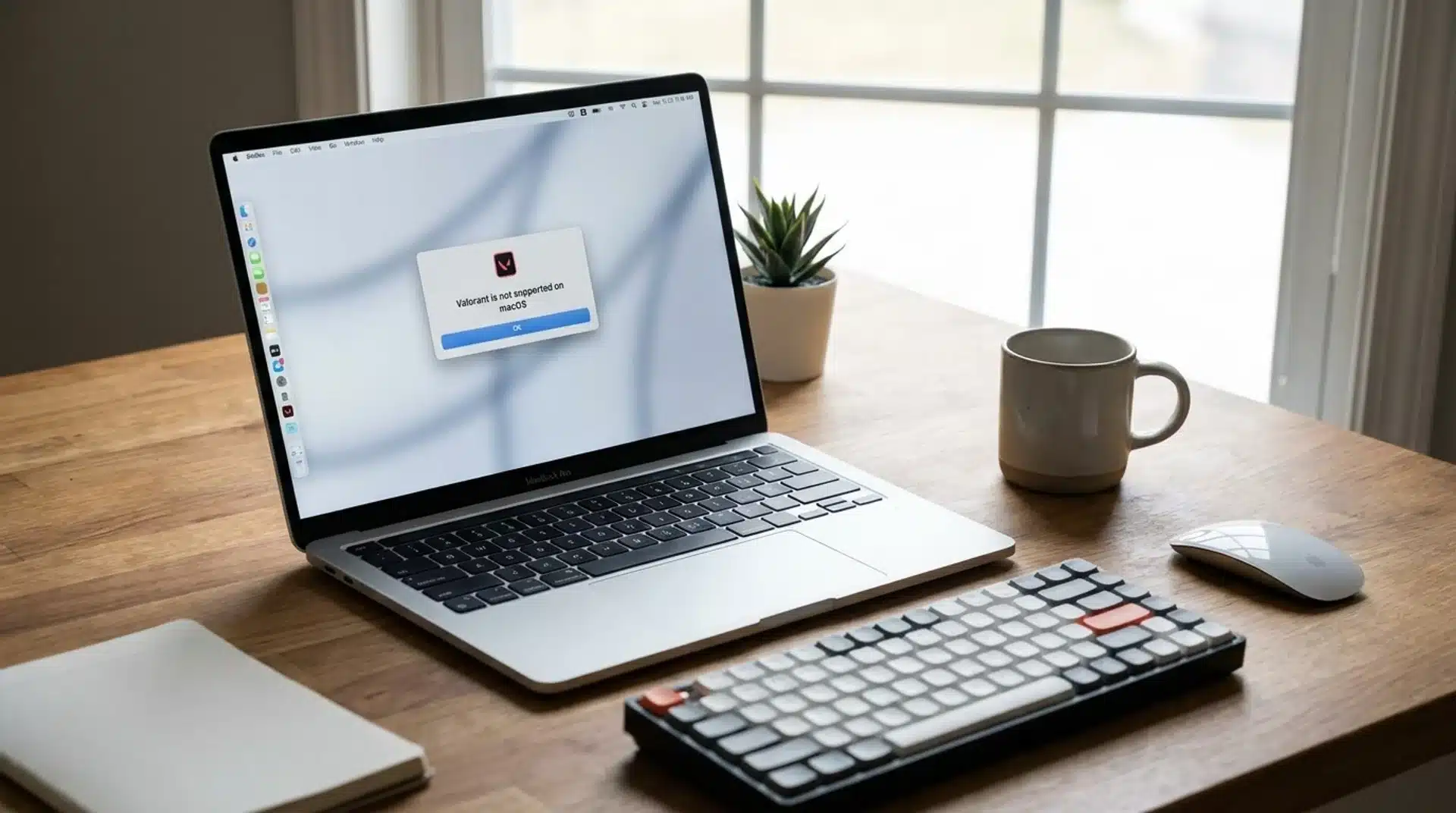 Apple Silicon MacBook on a desk showing that Valorant is not supported on macOS.