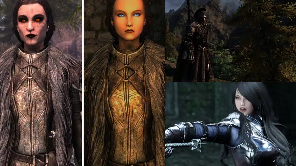 Four-panel collage of armored fantasy video game characters, including a vampire, a blue-eyed warrior, and knights.