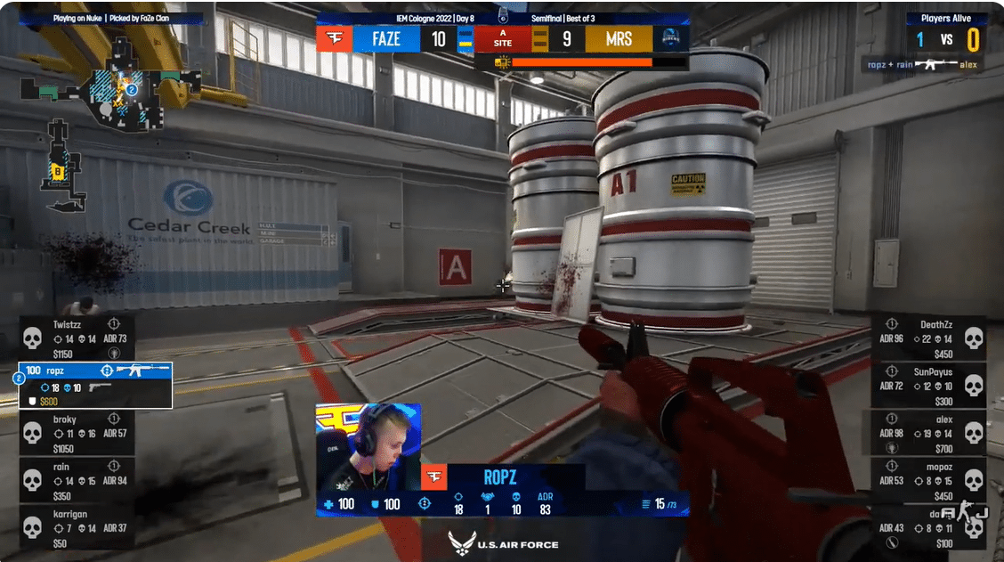 Ropz playing on Nuke for FaZe Clan at IEM Cologne 2022 semifinal CS2 tournament gameplay