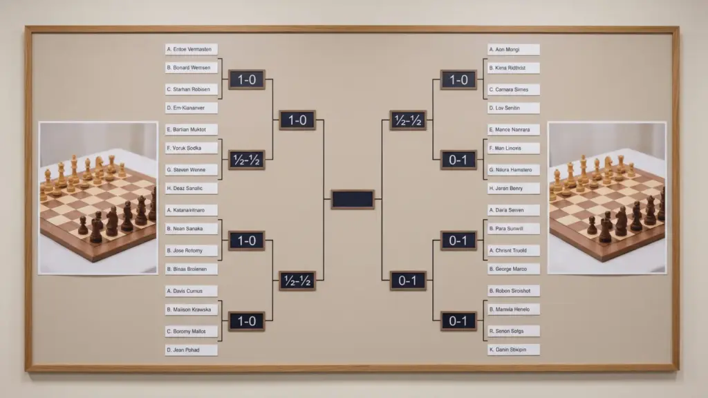 chess tournament bracket showing match scores with chessboard images displayed on both sides clearly