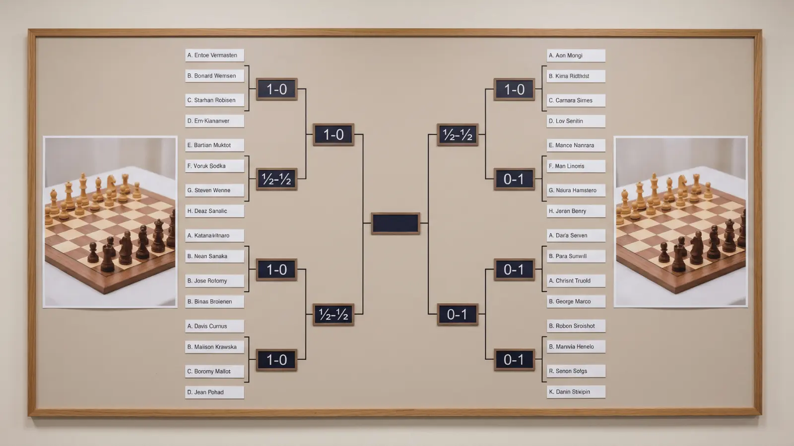 chess tournament bracket showing match scores with chessboard images displayed on both sides clearly