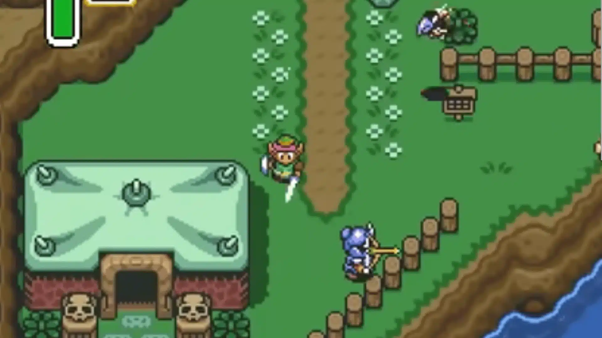 Zelda A Link to the Past SNES Link exploring Hyrule overworld with sword