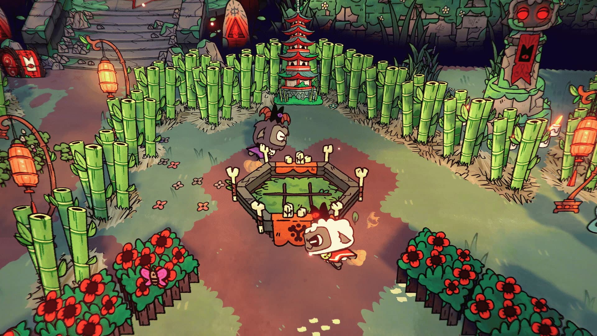 Action-packed crusade scene with enemies and player combat, highlighting roguelite run mechanics.