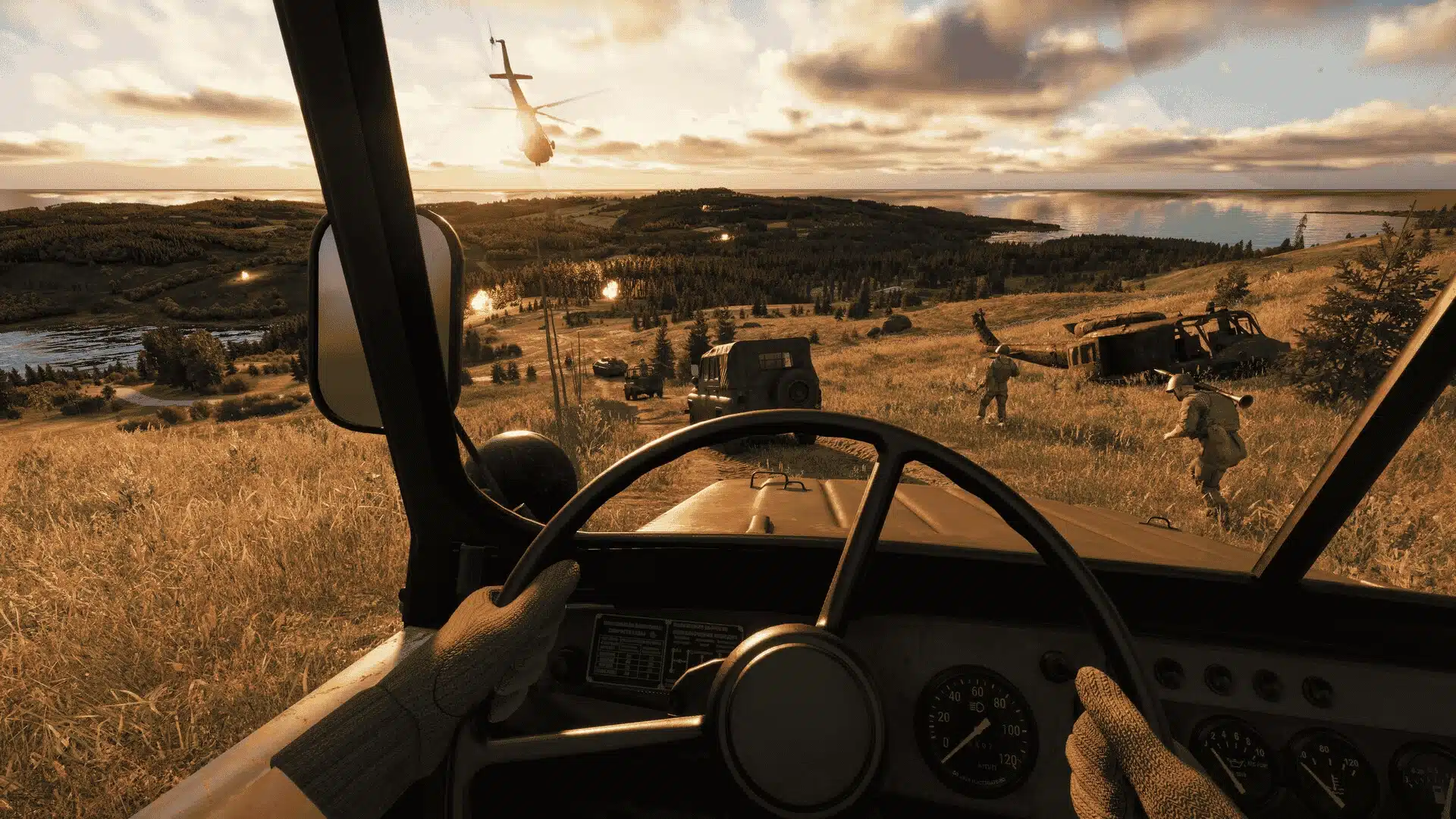 First-person view of a solo player in a vehicle on a large tactical map.