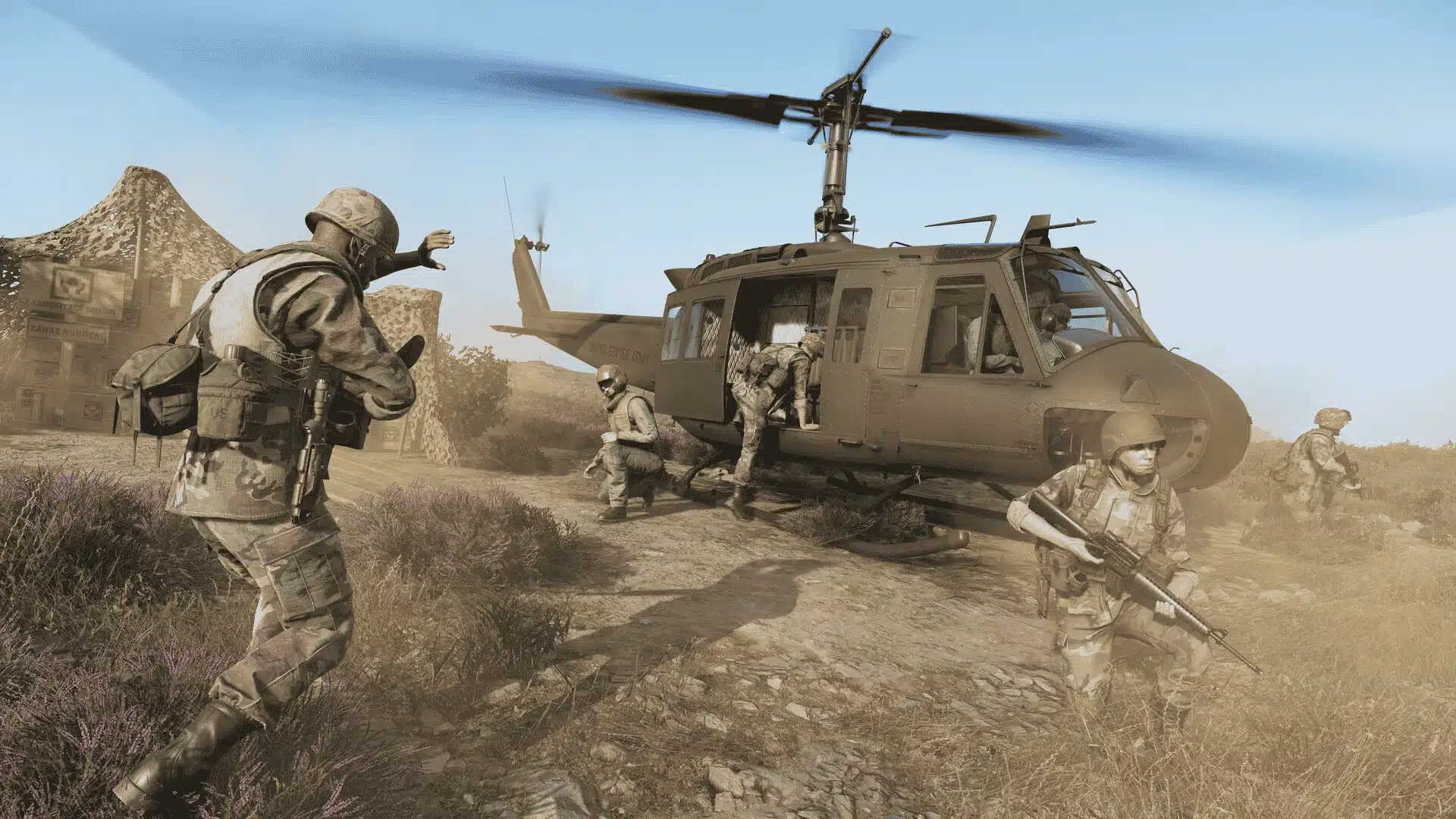 Soldiers coordinating in a tactical squad with weapons and vehicles.