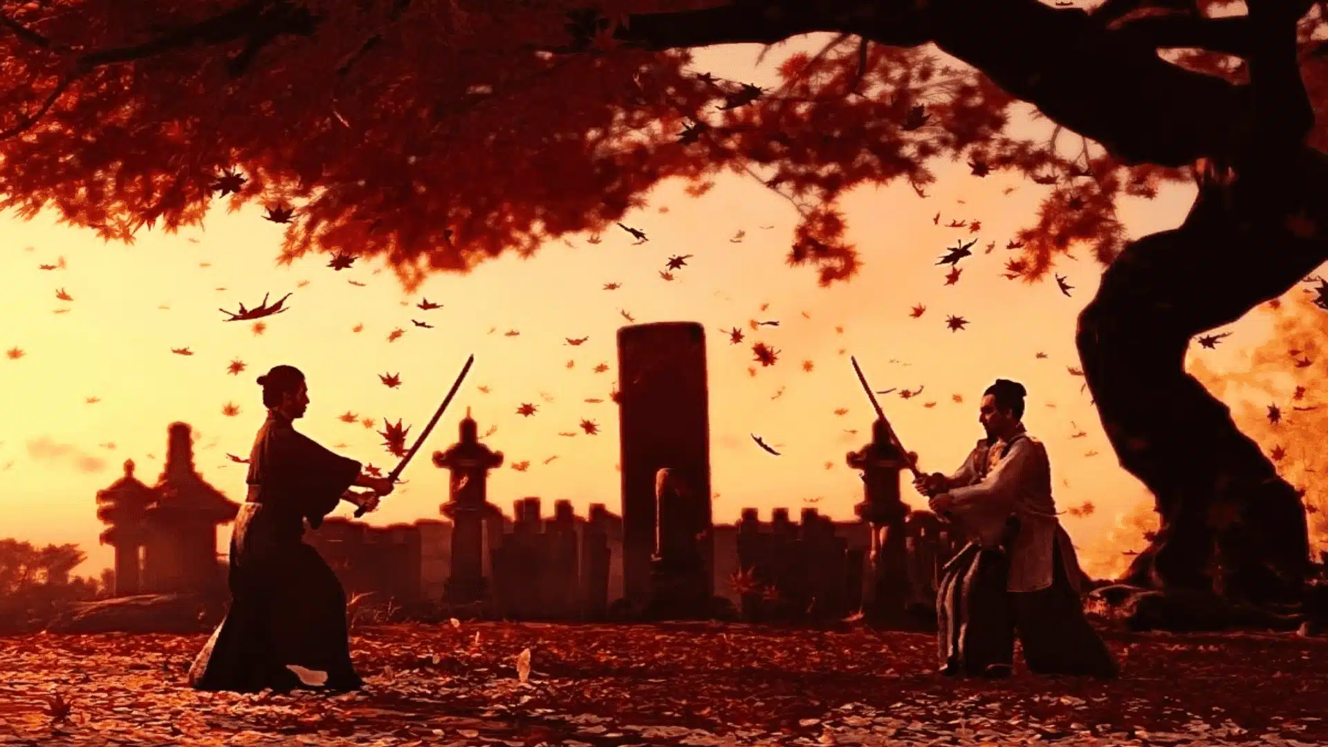 Jin and Lord Shimura face each other at sunset, capturing the emotional core of their samurai bond.