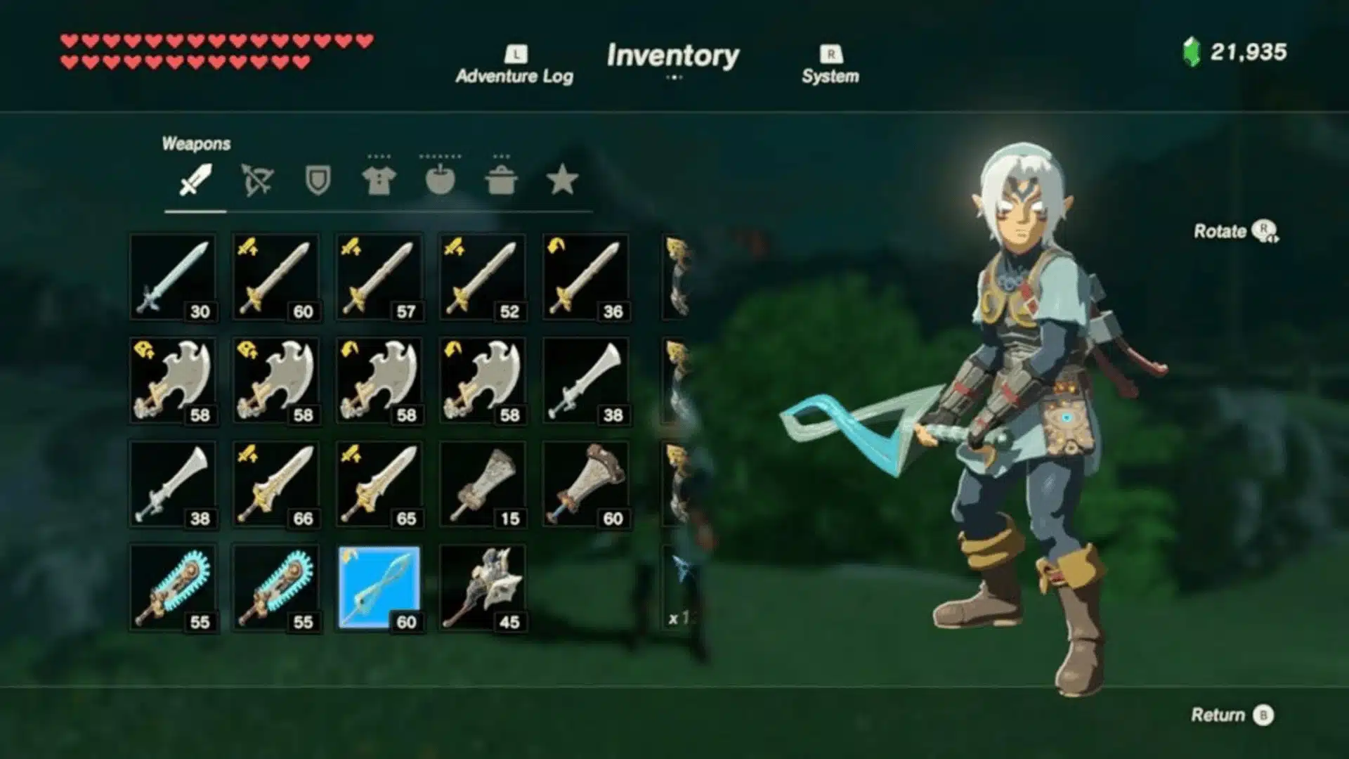 Breath of the Wild inventory screen displaying a variety of weapons with durability values.
