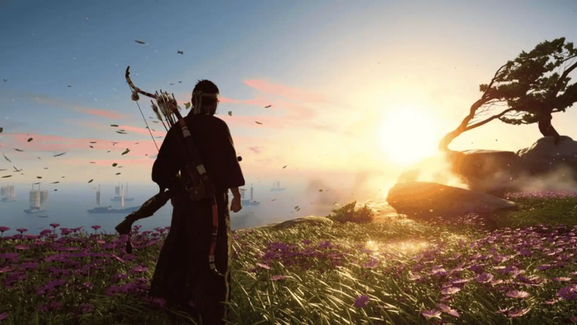 Jin rides across Tsushima’s landscape guided by a fox and wind, highlighting exploration and natural cues.