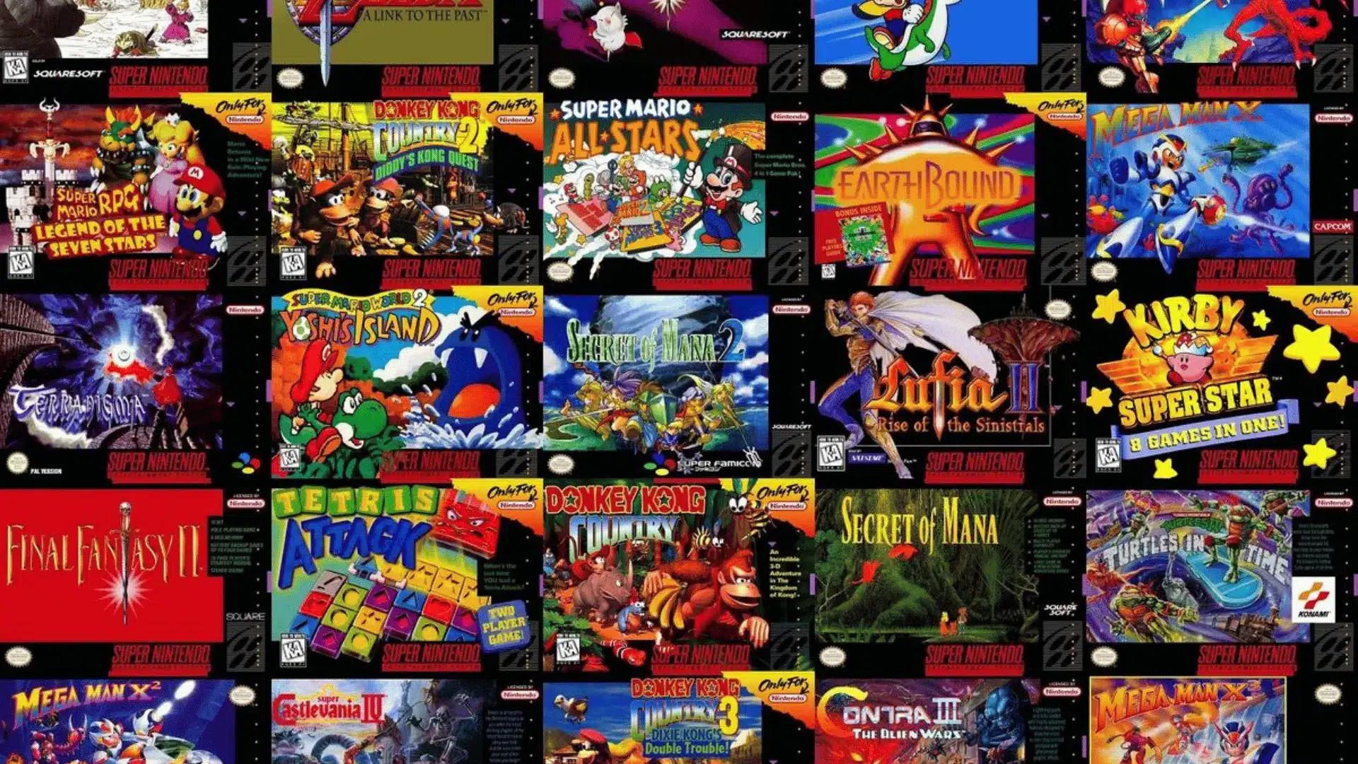 Collage of classic SNES game covers including Zelda, Earthbound, Donkey Kong and Mega Man X