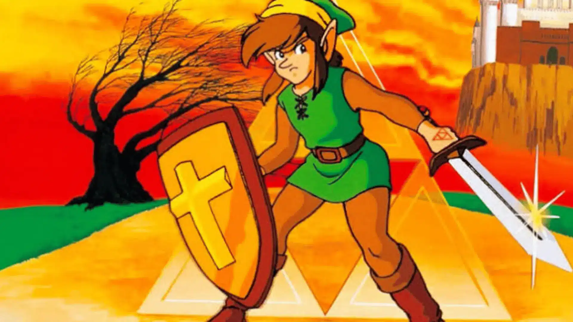 Promotional artwork for Zelda II: The Adventure of Link, showing Link holding a shield and sword against a dramatic orange sunset background with Triforce imagery and a castle in the distance.