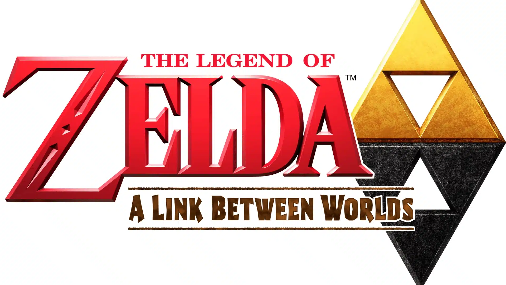 A Link Between Worlds logo with red lettering and a gold-and-black Triforce symbol.
