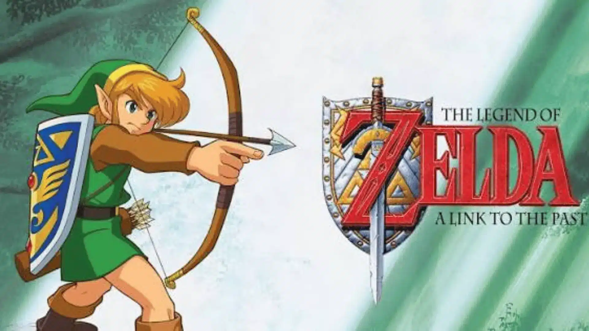 Promotional artwork for The Legend of Zelda: A Link to the Past, showing Link aiming a bow on the left with the game’s title and shield emblem on the right.