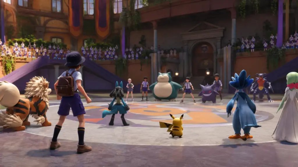 Pokemon trainer and team competing inside a brightly lit academy tournament arena