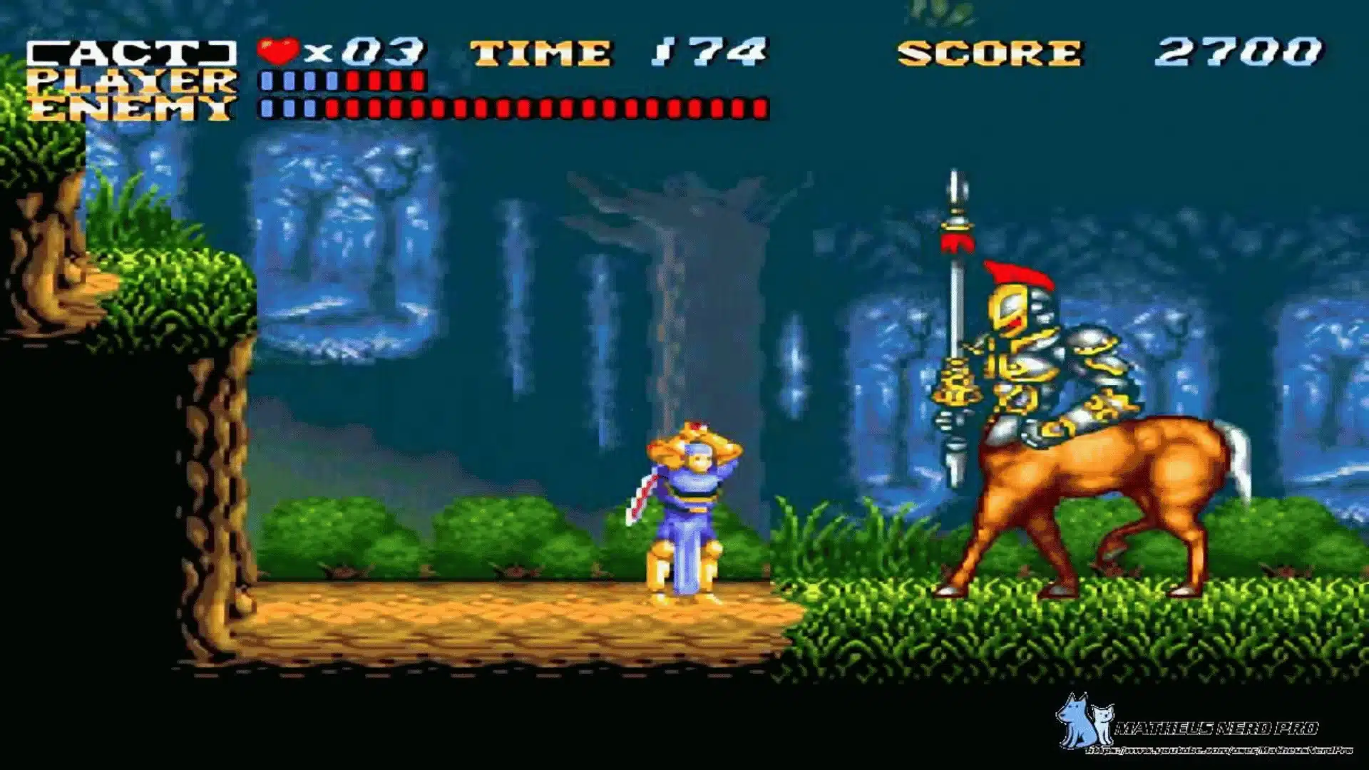 Actraiser SNES action-platformer stage with knight enemy in forest setting