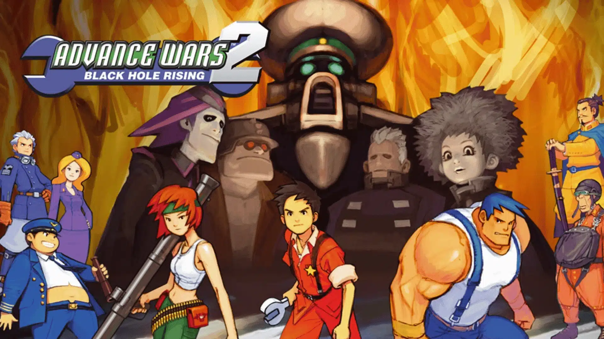 A large cast of heroes and villains including a looming robot gather in Advance Wars 2: Black Hole Rising's cover art.