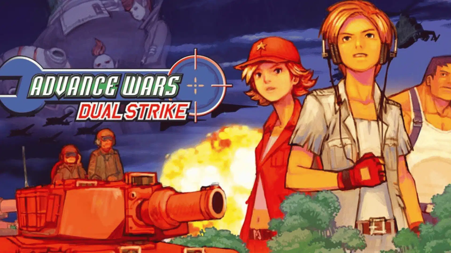 Advance Wars Dual Strike artwork showing characters, tanks, and a battlefield explosion.