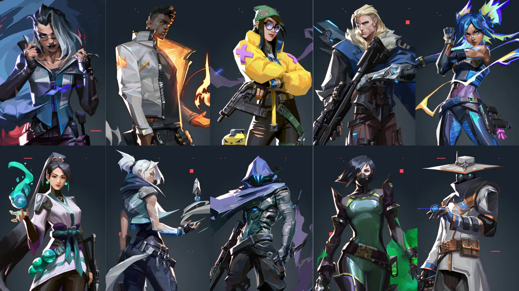 Grid of ten Valorant agent character portraits, including Fade, Phoenix, Killjoy, Sova, Neon, Sage, Jett, and Omen.