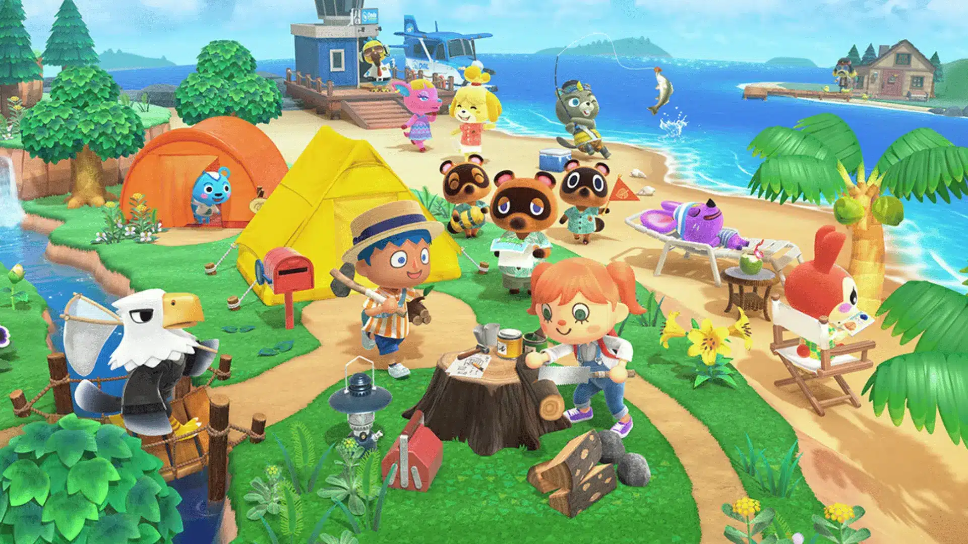 Animal Crossing: New Horizons island scene with villagers camping, fishing, crafting, relaxing on the beach, and exploring.