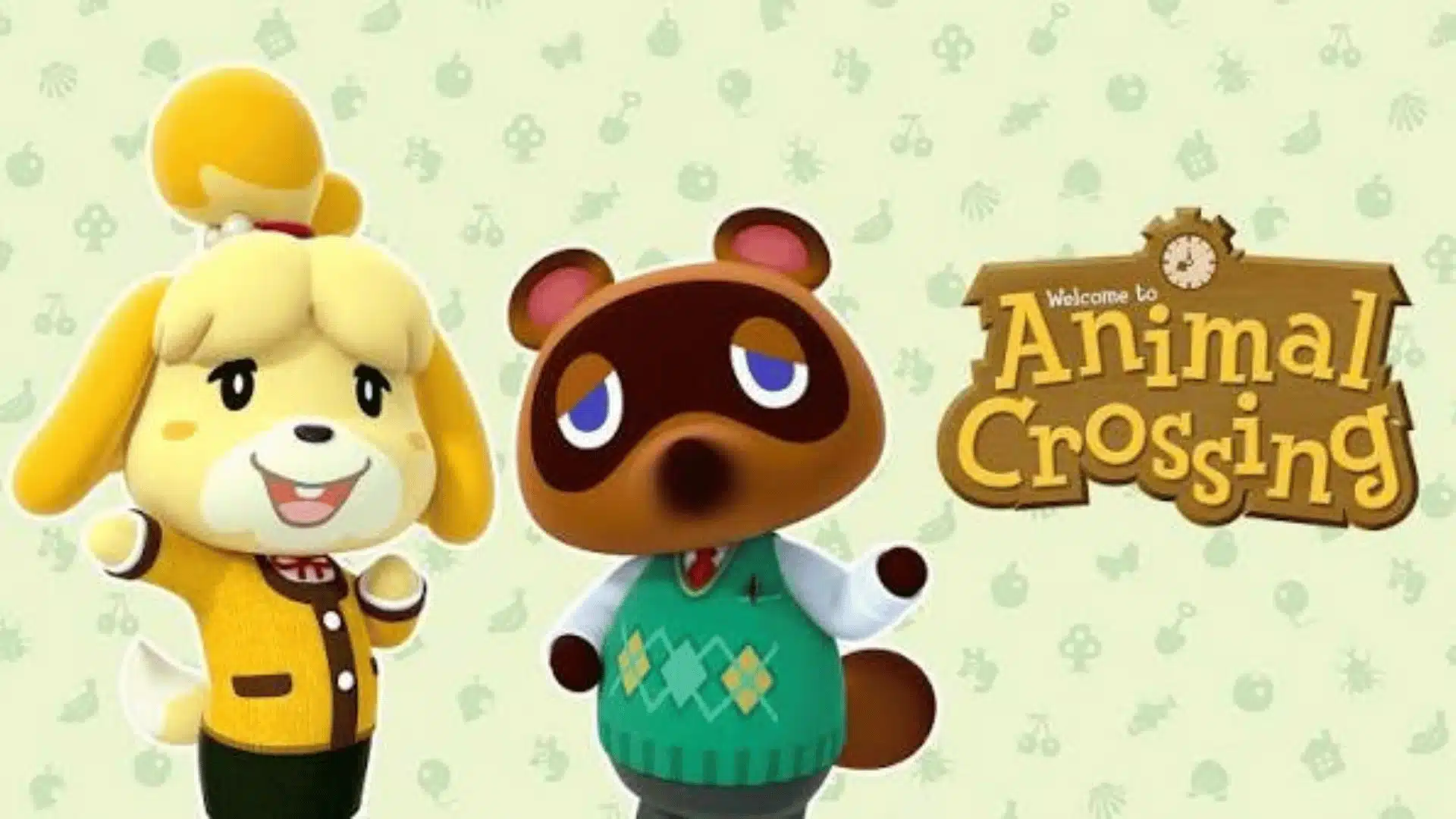 Animal Crossing artwork featuring Isabelle and Tom Nook beside the Welcome to Animal Crossing logo