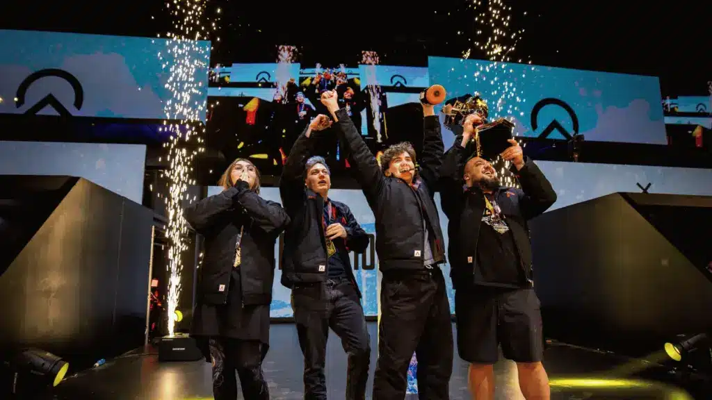 Oblivion esports team celebrating ALGS Year 5 Championship victory on stage in Sapporo, Japan
