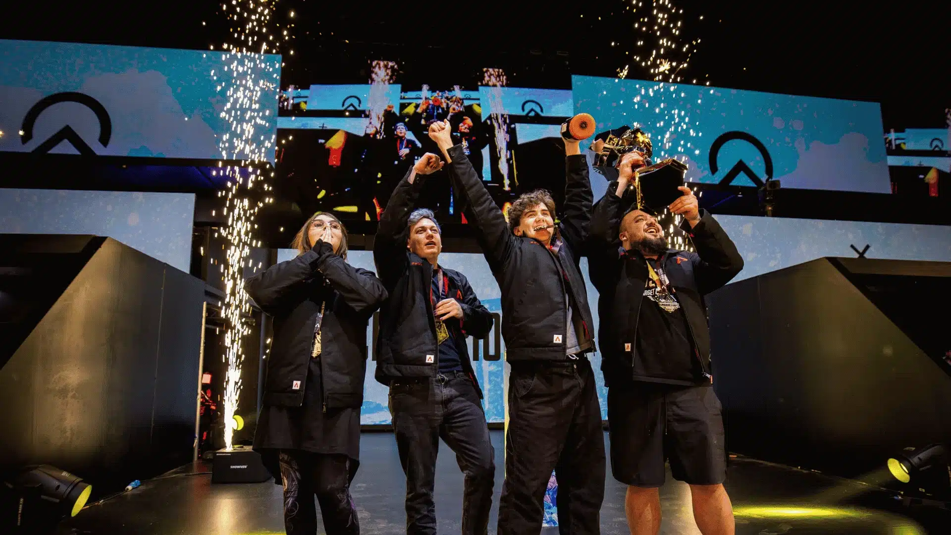 Oblivion esports team celebrating ALGS Year 5 Championship victory on stage in Sapporo, Japan