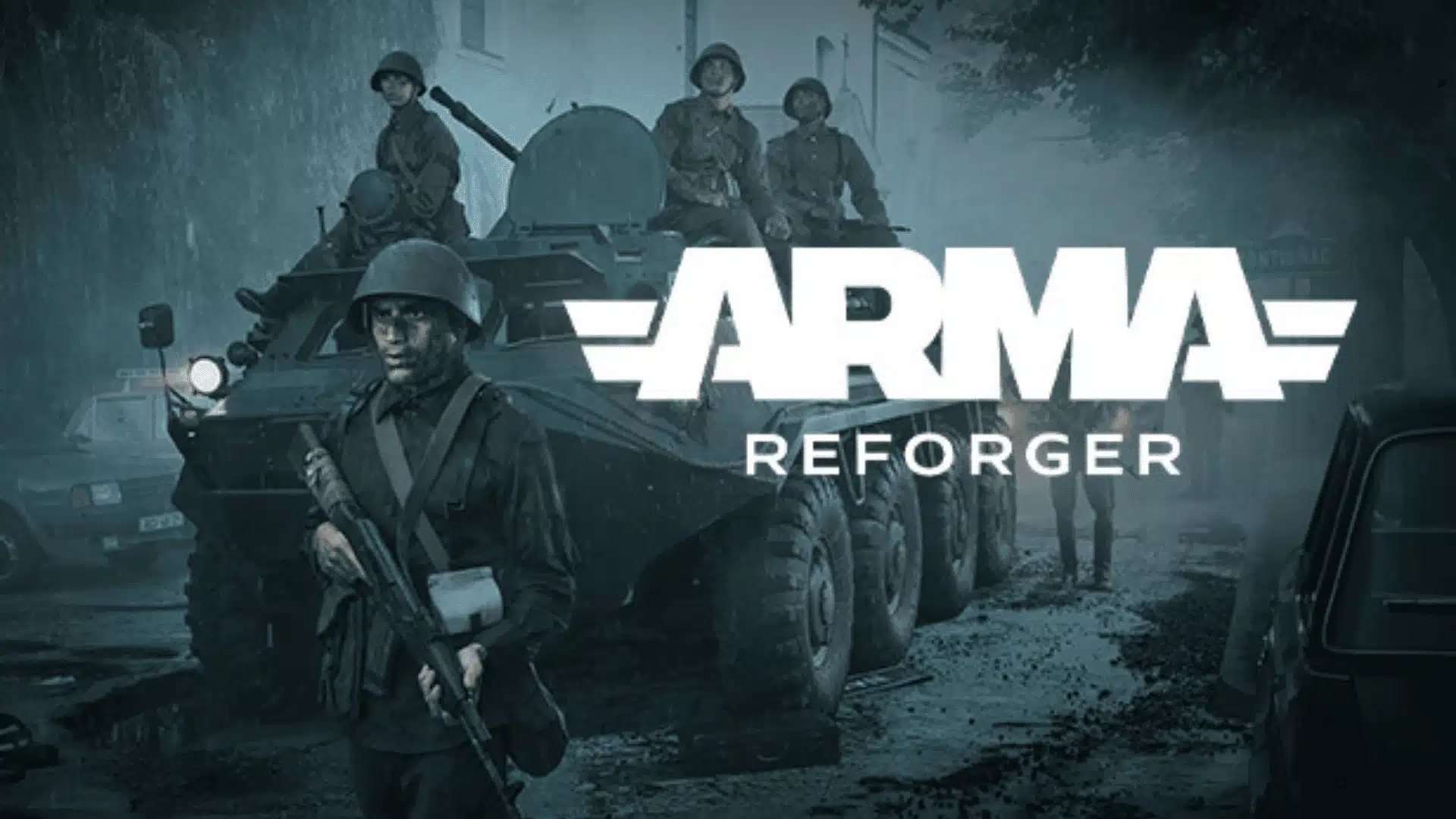 Arma Reforger promotional image with soldiers and armored vehicle at night.