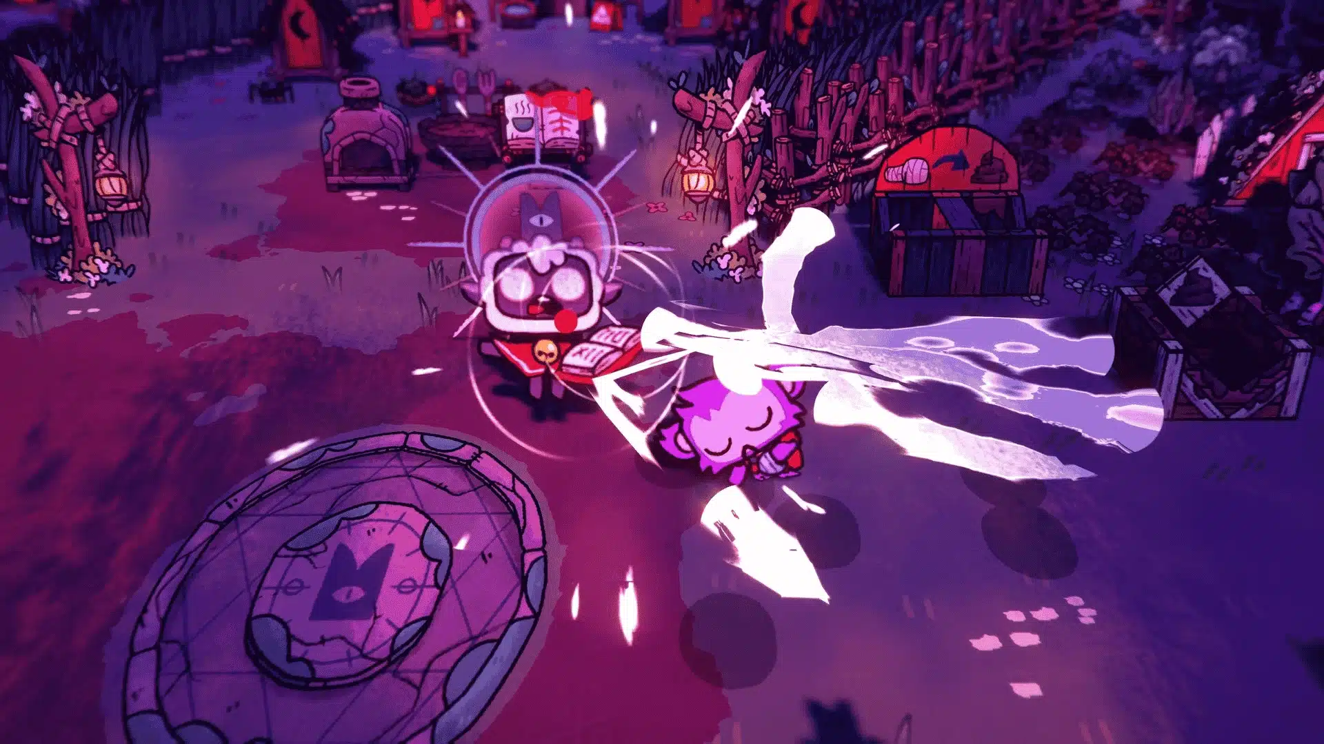 Cute but dark aesthetic in Cult of the Lamb, showing follower sacrifice and whimsical horror tone.