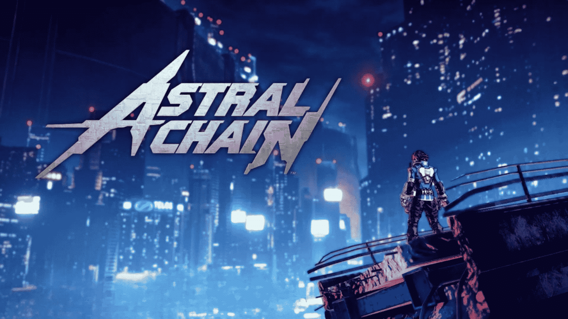 Astral Chain title screen showing a character looking over a futuristic, neon-lit sci-fi city at night.