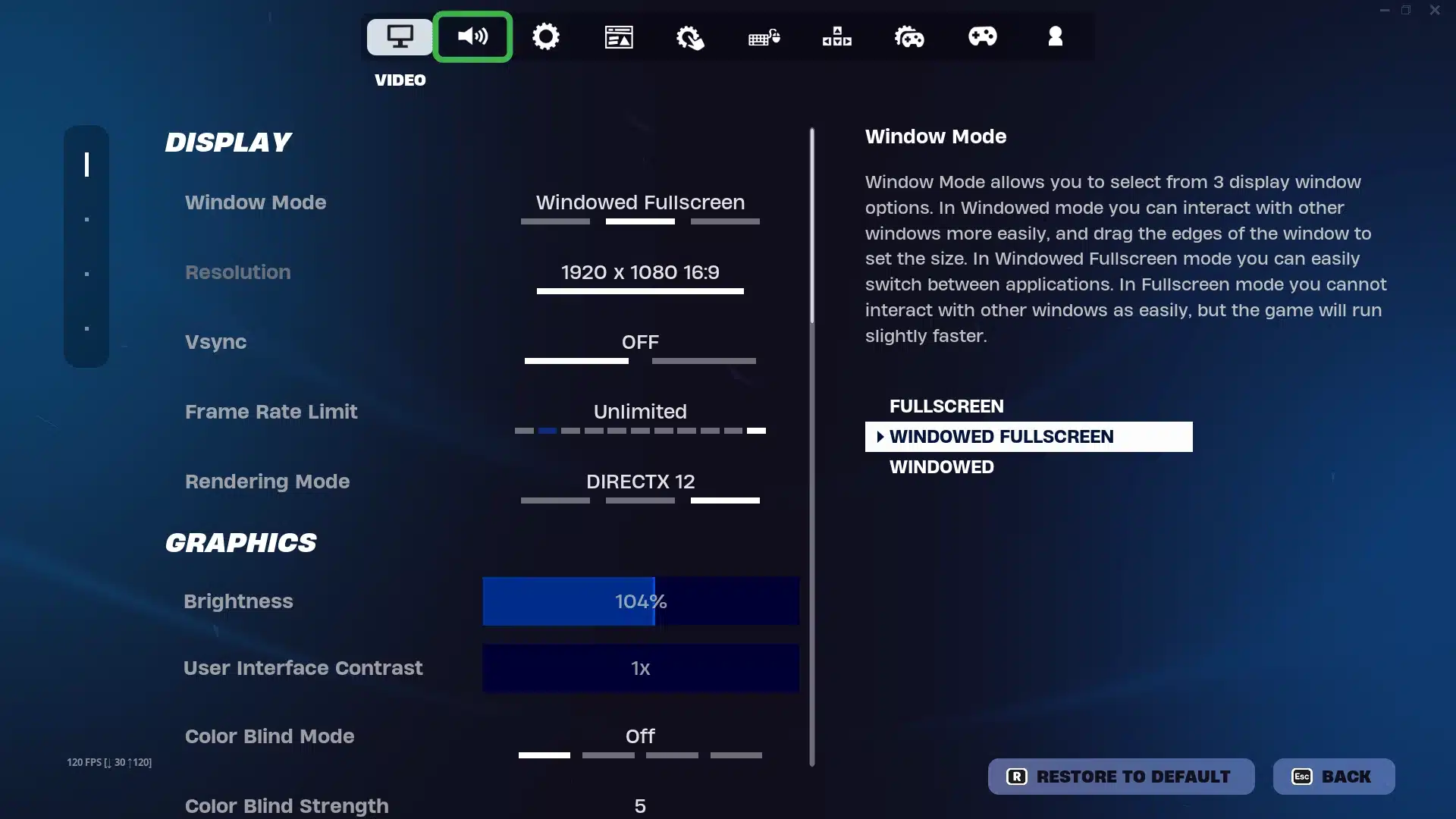 Fortnite settings menu showing audio tab selected with display and graphics options visible.