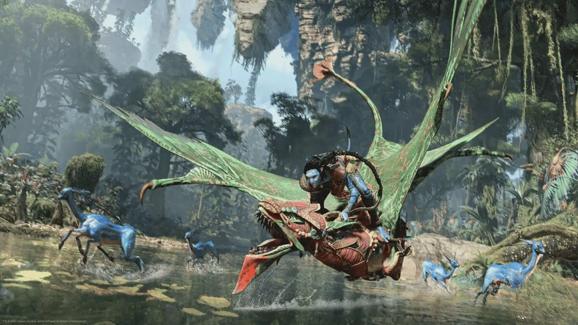 Na’vi standing in detailed jungle with floating mountains in background