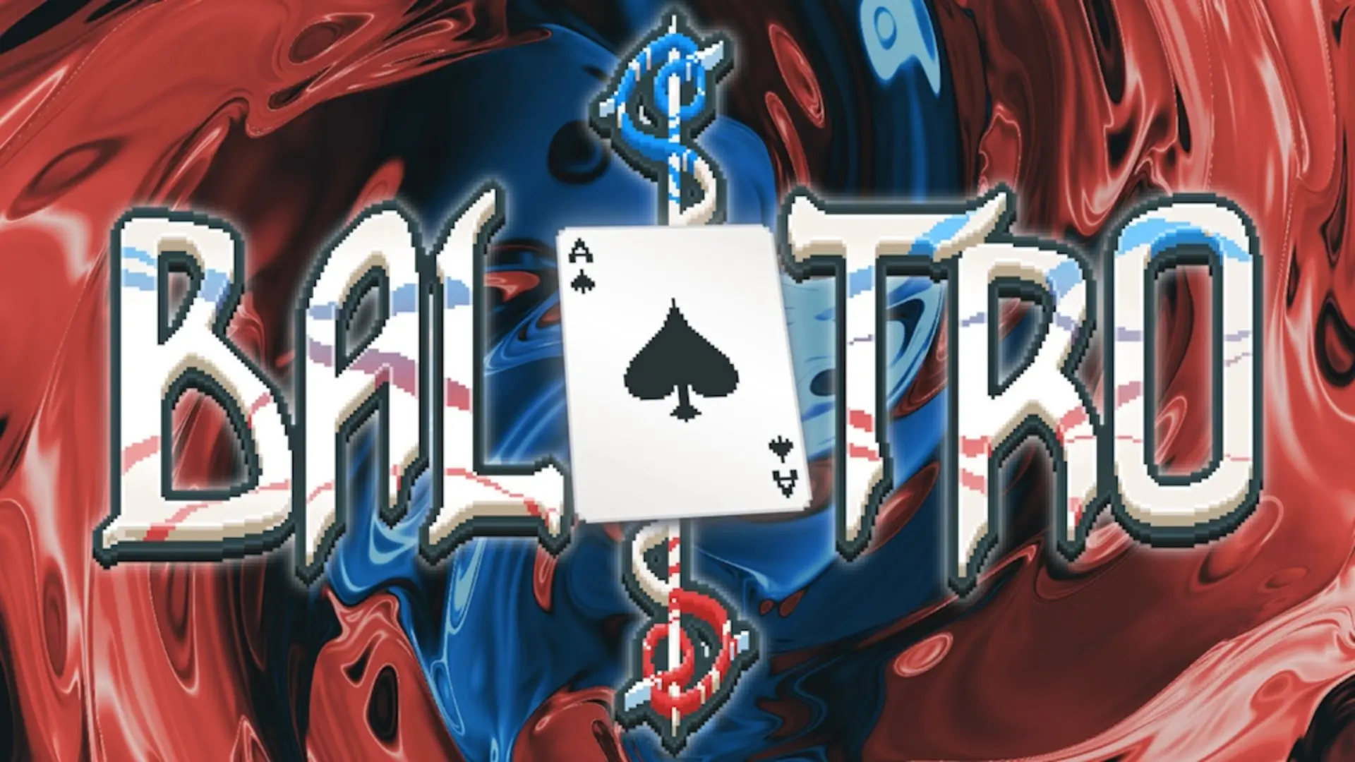 Balatro game artwork featuring a playing card, poker symbols, and a colorful swirling red and blue background.
