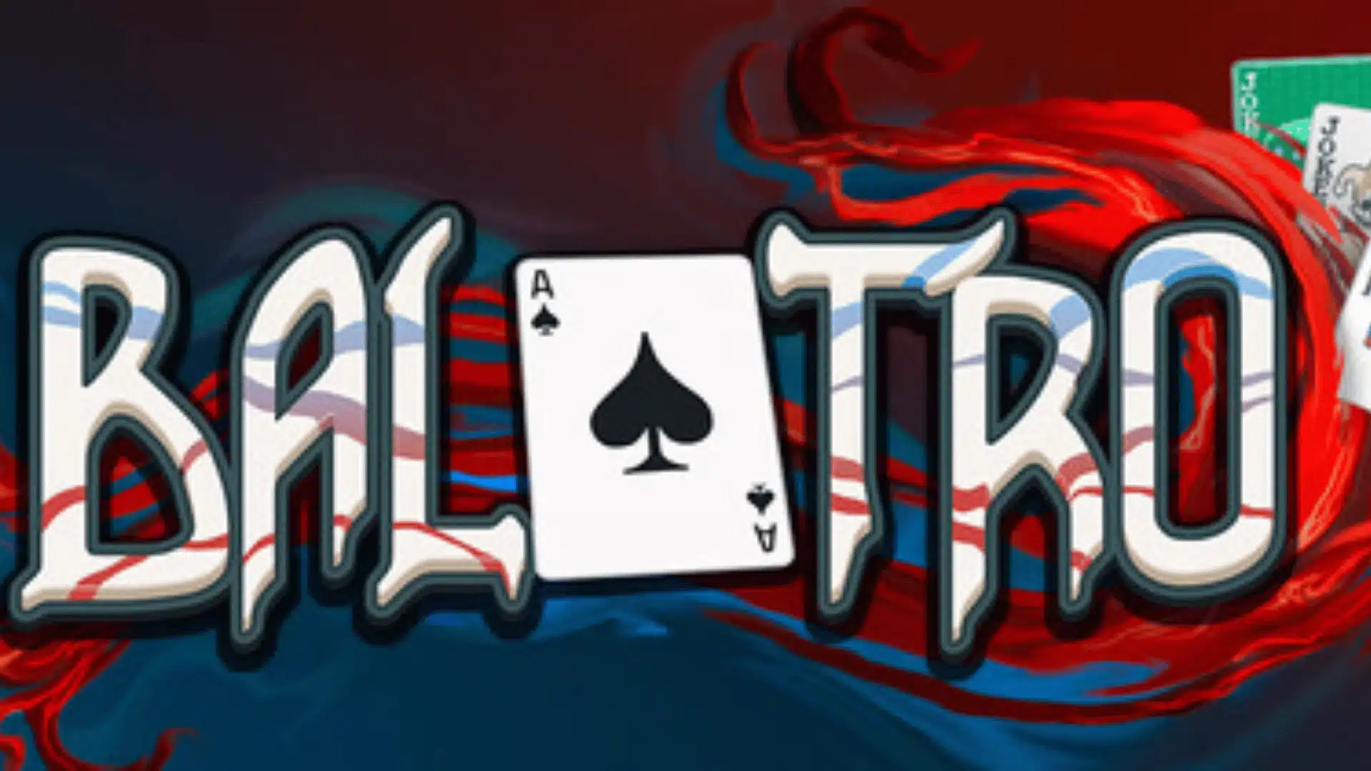 Balatro game logo with playing cards, joker artwork, and colorful casino-inspired background