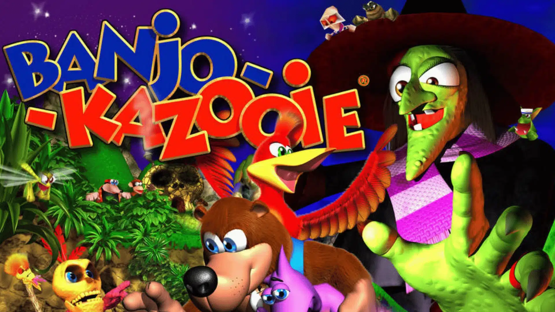 Banjo-Kazooie artwork featuring Banjo, Kazooie, Gruntilda, and colorful fantasy environments.