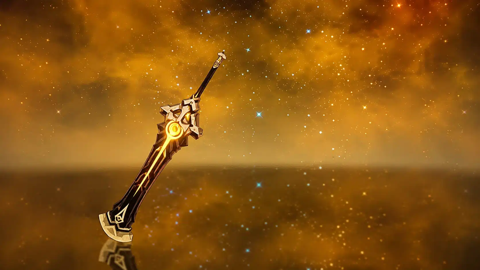 Black and gold claymore sword floating in a glowing golden galaxy with stars and a reflective surface.