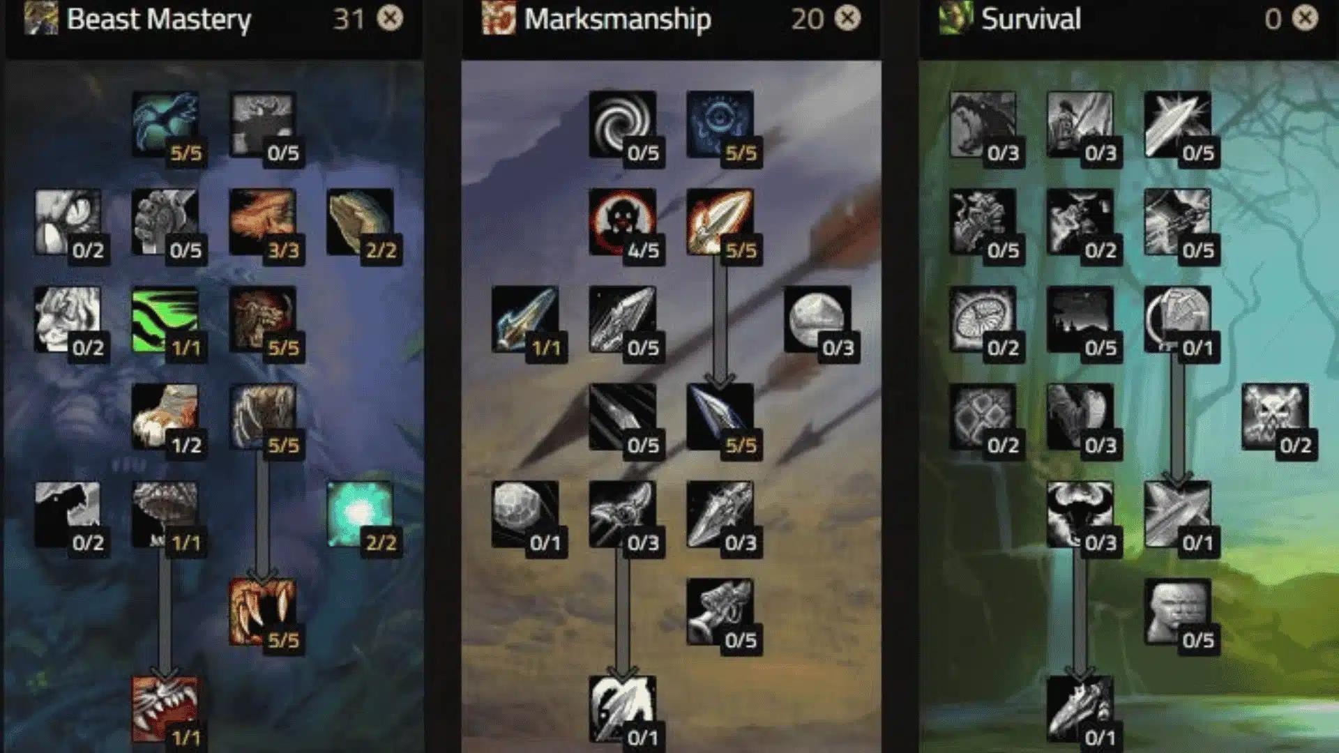 Beast Mastery Hunter talent build showing optimal leveling talents