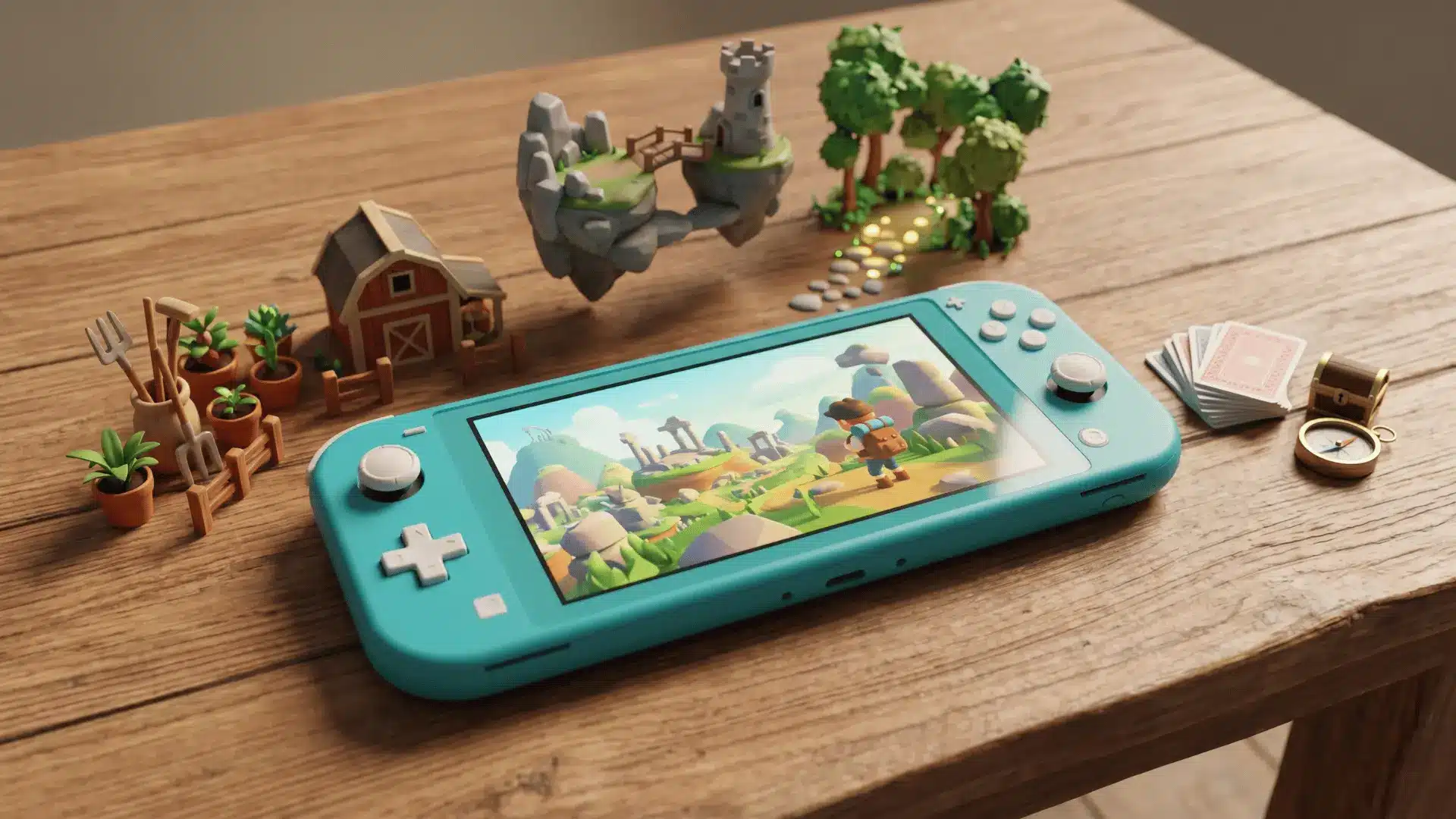 Nintendo Switch Lite showcasing adventure, RPG, platformer, and cozy gaming worlds in a portable handheld gaming setup.