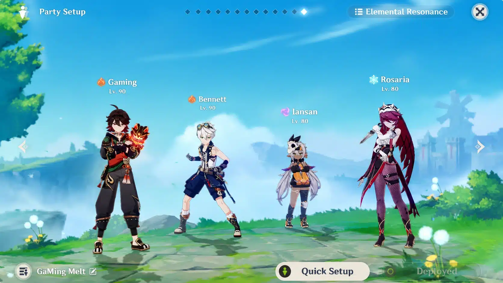 Genshin Impact party setup screen showing Gaming, Bennett, Iansan, and Rosaria in a team lineup.