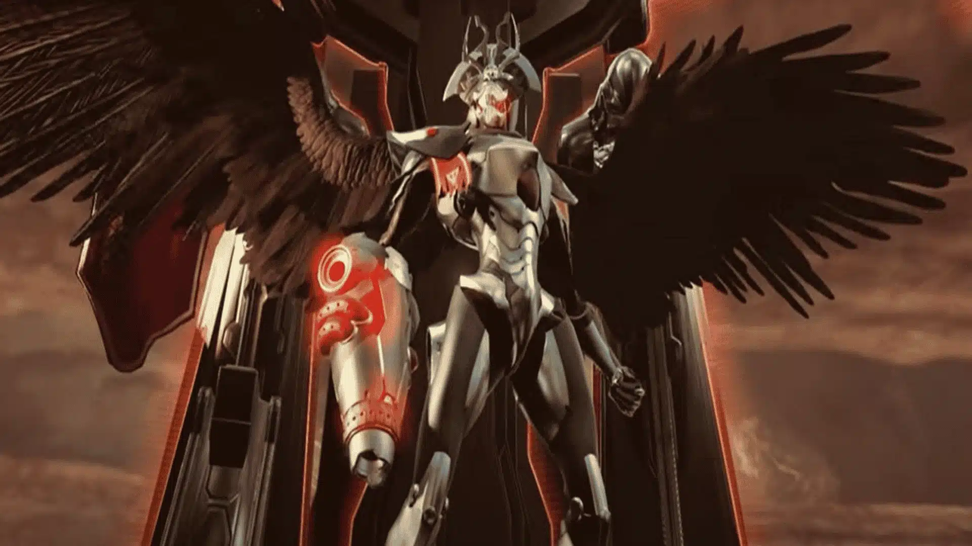 Raven Beak boss standing with dark wings and glowing armor, ready for combat challenge.