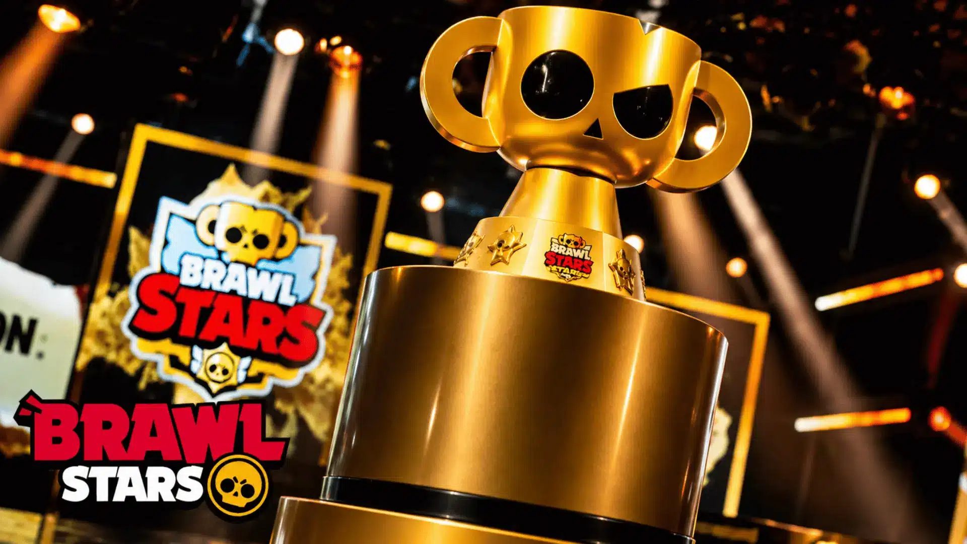 Gold Brawl Stars trophy on eSports stage under bright lights with blurred arena backdrop and Brawl Stars branding stage