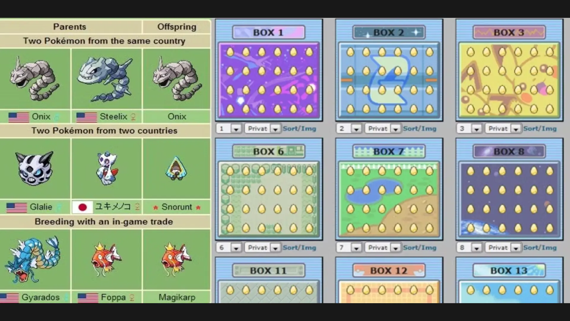 Pokémon breeding chart showing offspring from same-country, different-country, and in-game trade parents.