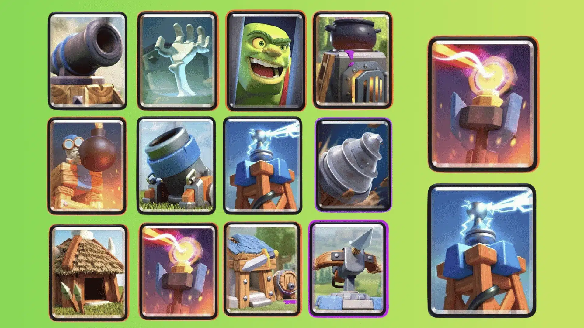Clash Royale building cards including Cannon, Tombstone, Goblin Cage, Mortar, Tesla, and X-Bow.