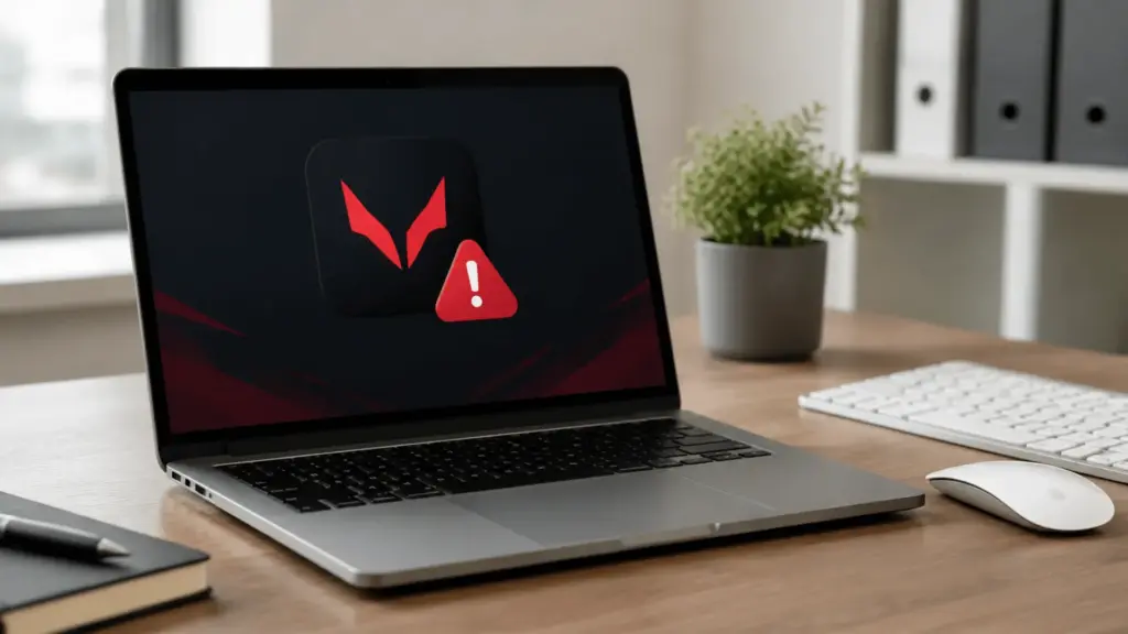 Mac laptop on desk showing Valorant icon with a not compatible warning above