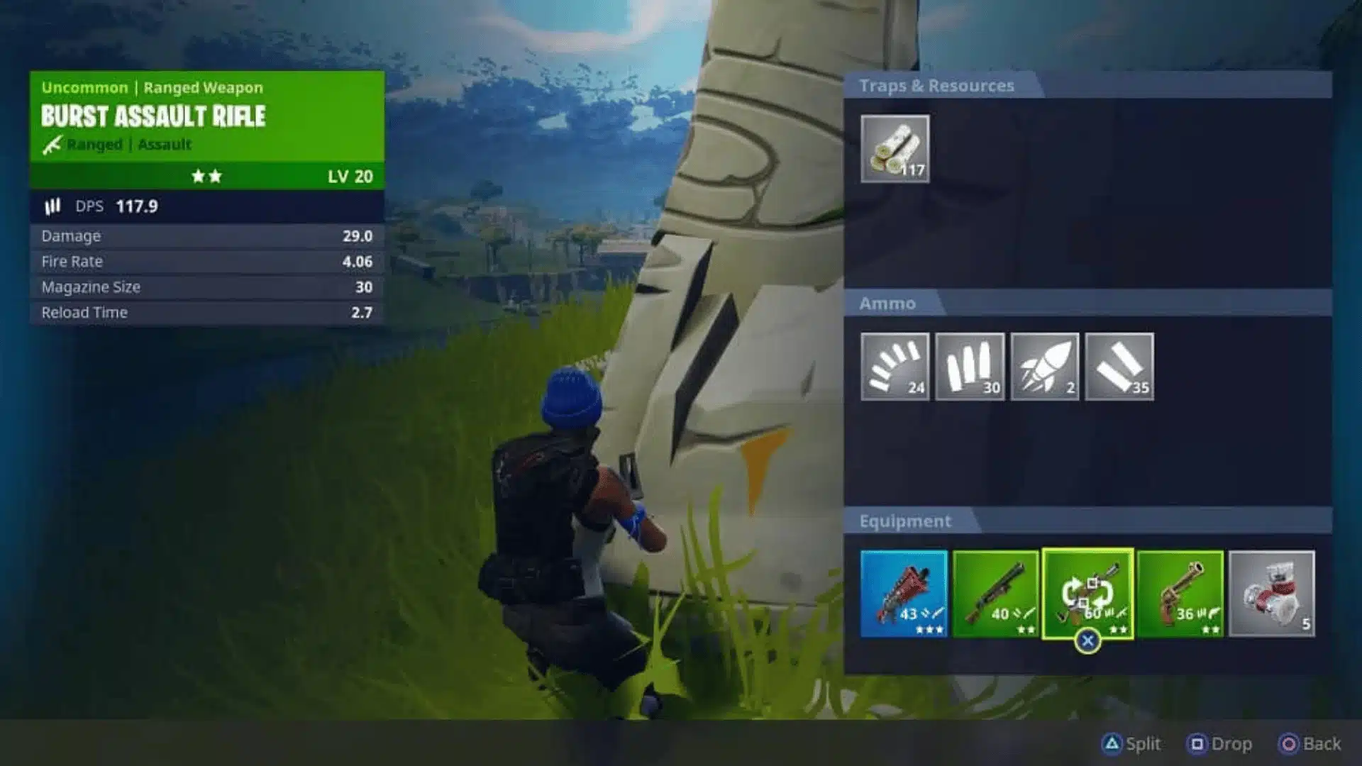 Fortnite inventory screen showing weapons, ammunition, resources, and equipment management during gameplay.