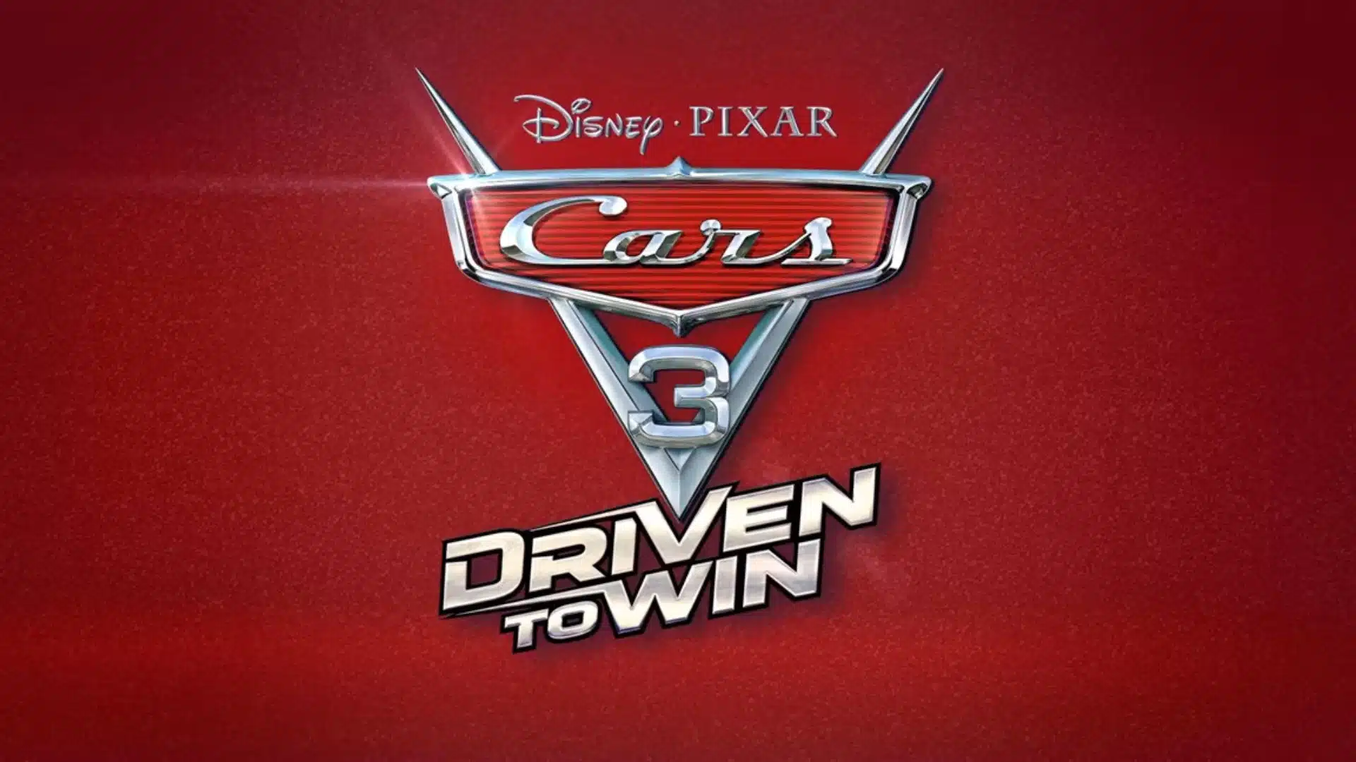 Official game logo for Cars 3 Driven to Win against a red textured background.