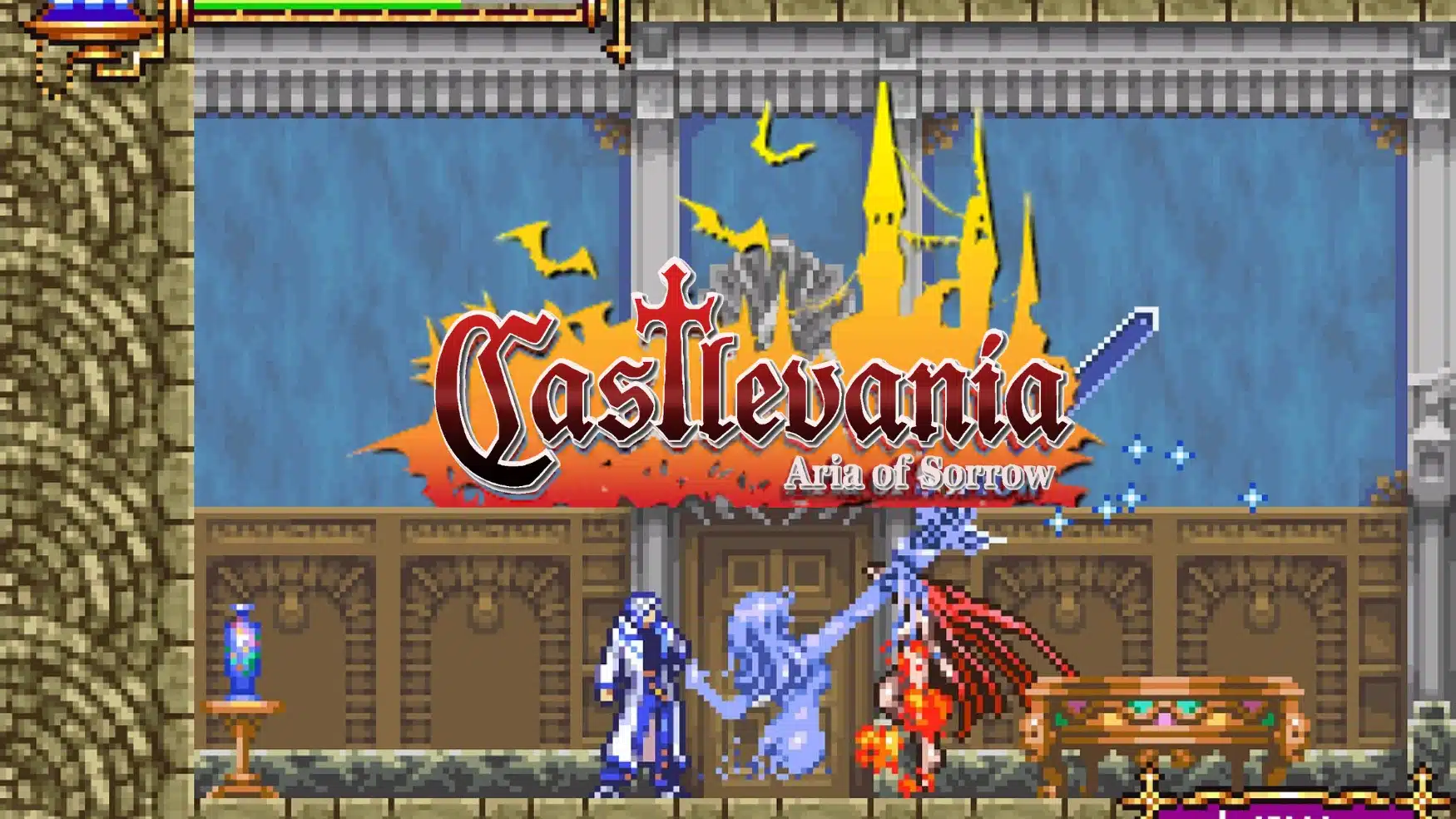 Two characters face a ghost enemy in a gothic castle hall, with Castlevania: Aria of Sorrow title logo and bats overhead