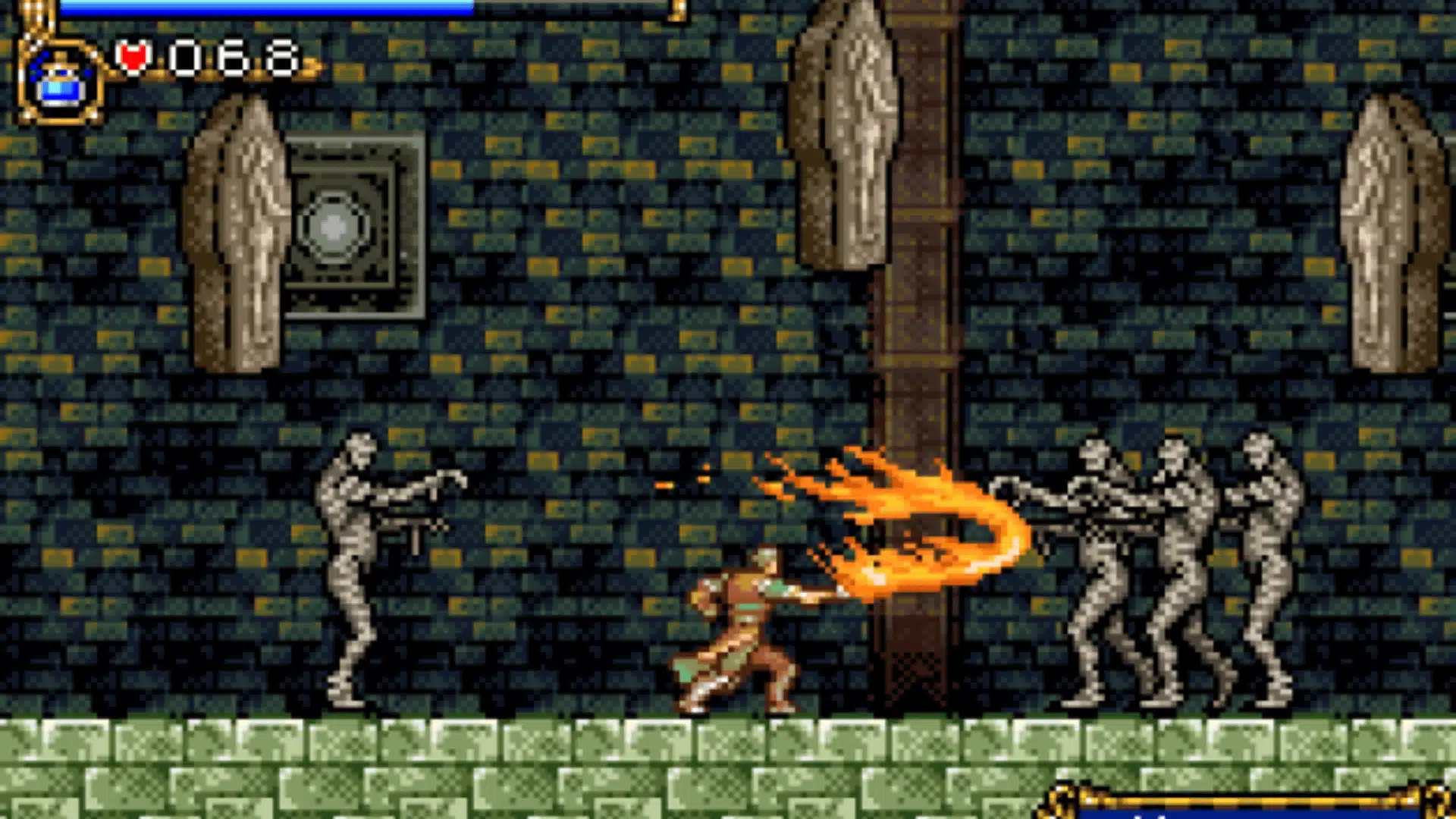 Pixel art gameplay screenshot of Castlevania: Circle of the Moon with hero fighting skeleton enemies.